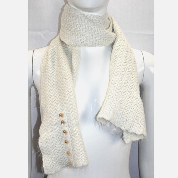 White Scarf with Silver Threaded Accent Scalloped Edges and Rhinestone Buttons - Picture 9 of 9